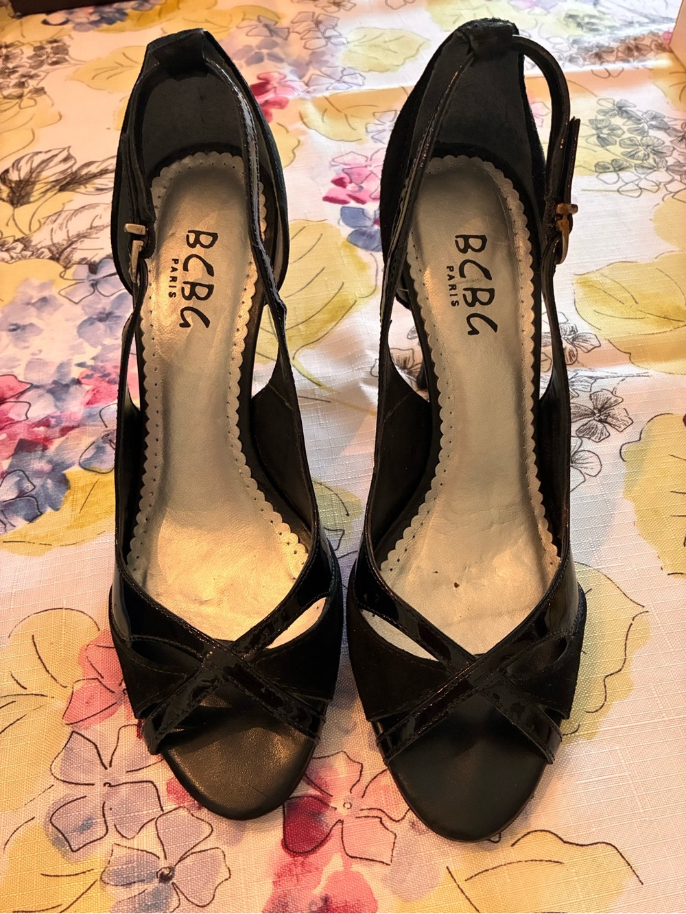 BCBG Paris Black Crisscross Open-Toe Heels
